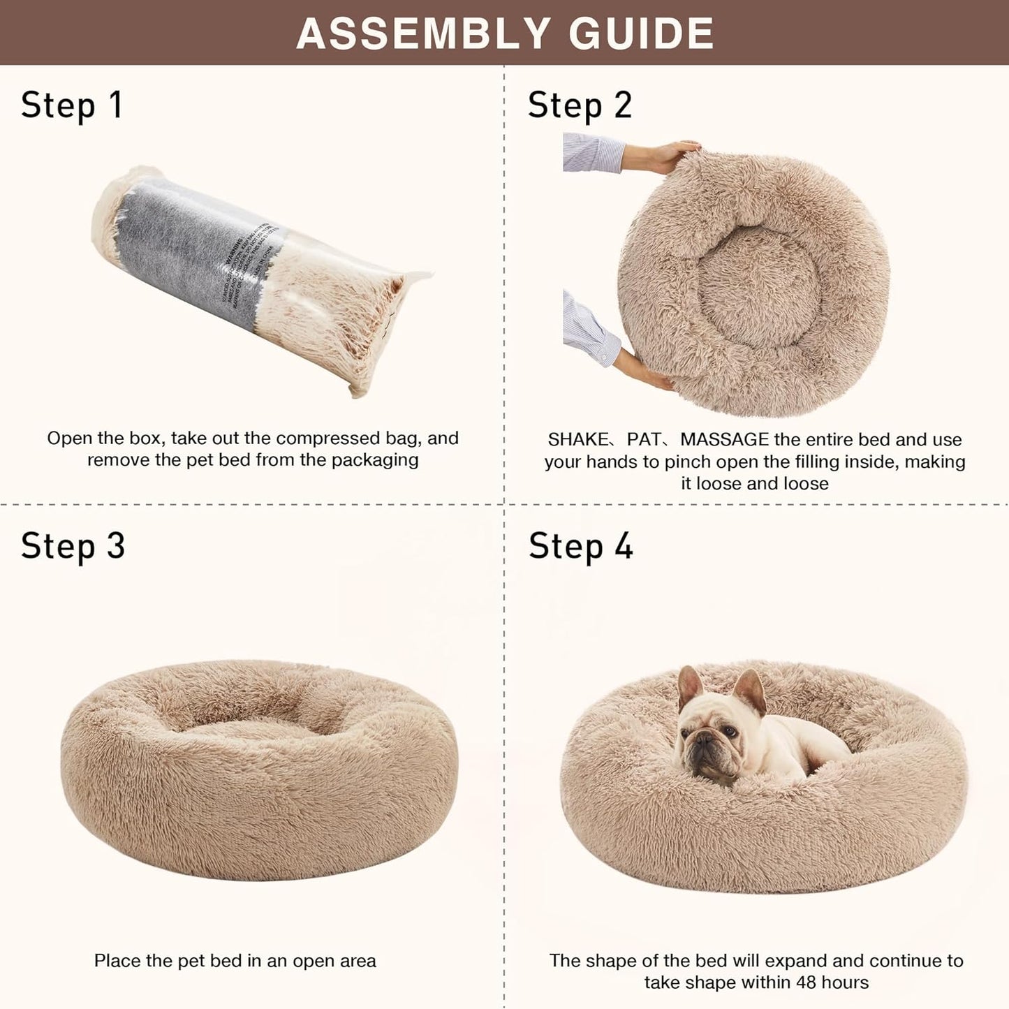 24In Cat Beds for Indoor Cats - Cat Bed with Machine Washable, Waterproof Bottom - Taupe Fluffy Calming Cushion Pet Bed for Joint-Relief and Sleep Improvement