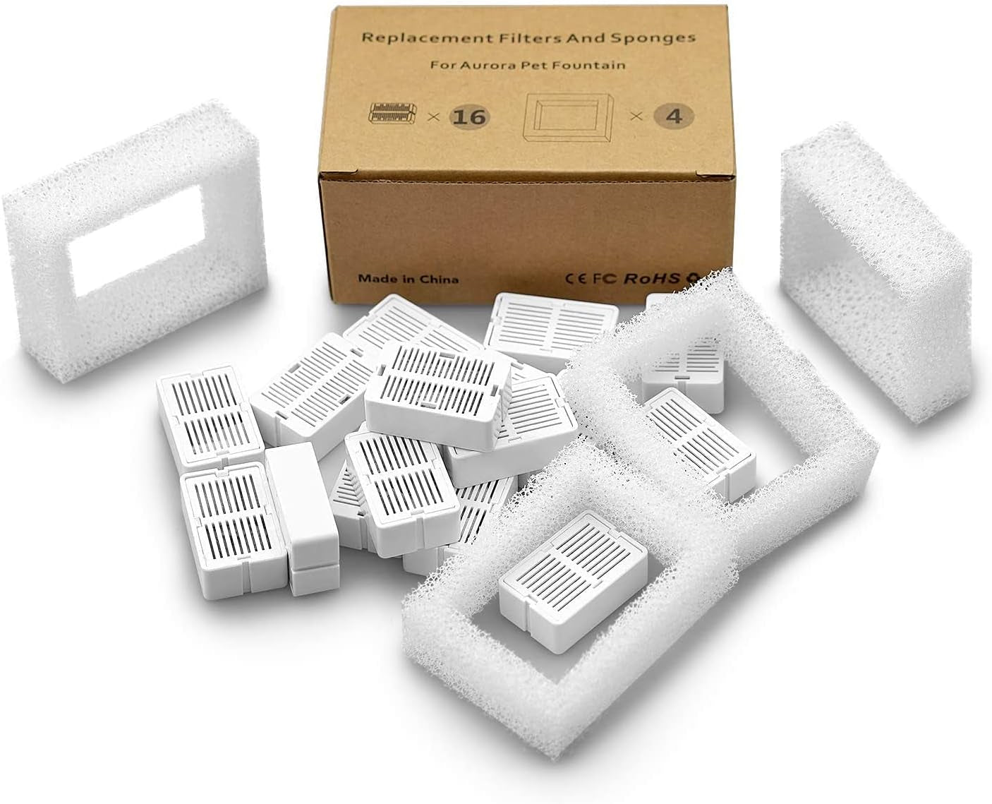 Pet Fountain Replacement Filters, 8 Pack Cat Water Fountain Carbon Filters and 2 Pack Foam Filters for Cupcake Ceramic Cat Fountain