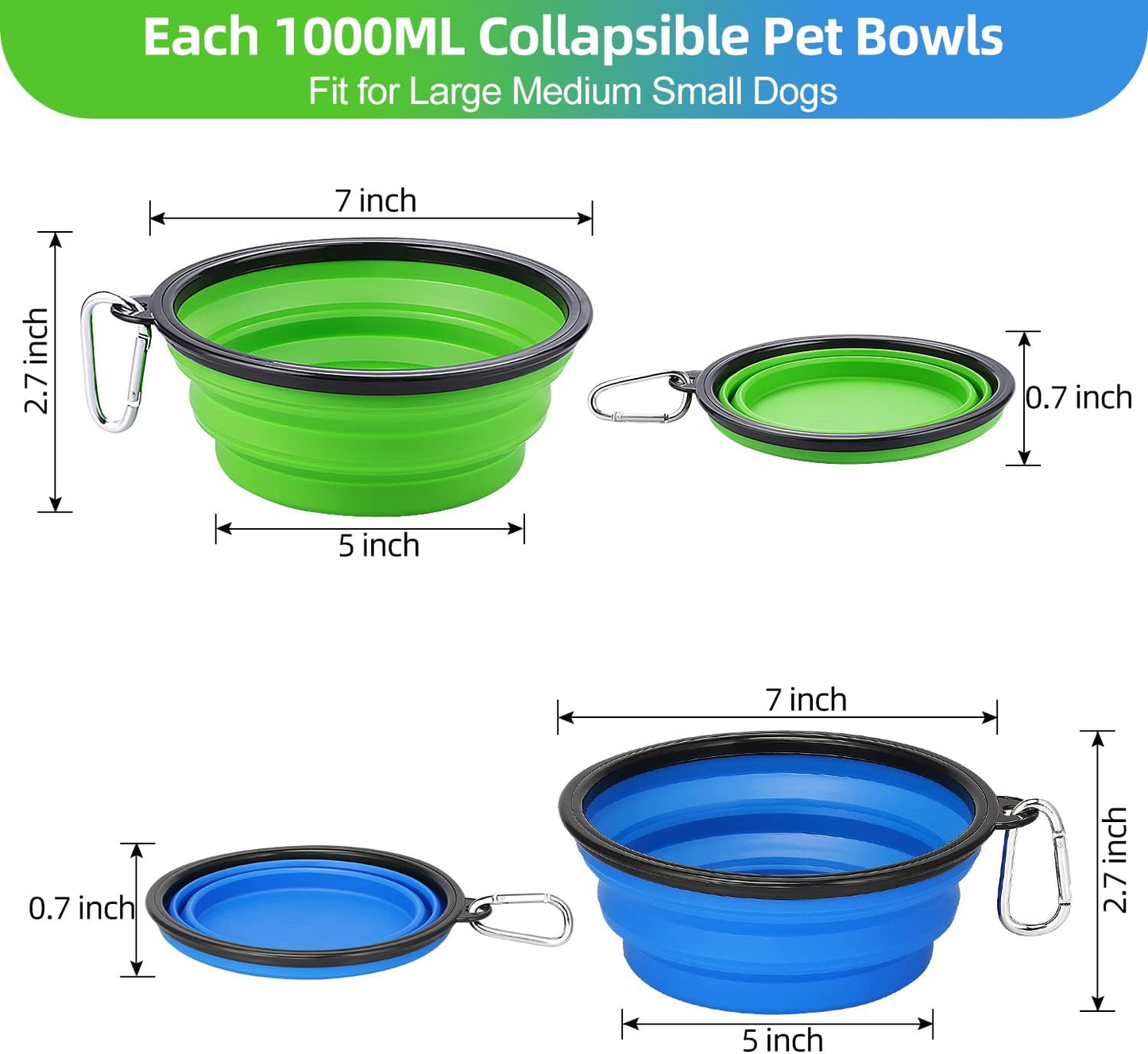 Large Collapsible Dog Bowls 2 Pack, 34Oz Foldable Dog Travel Bowl, Portable Dog Water Food Bowl with Clasp, Pet Cat Feeding Cup Dish for Traveling, Walking, Parking (Blue+Green)