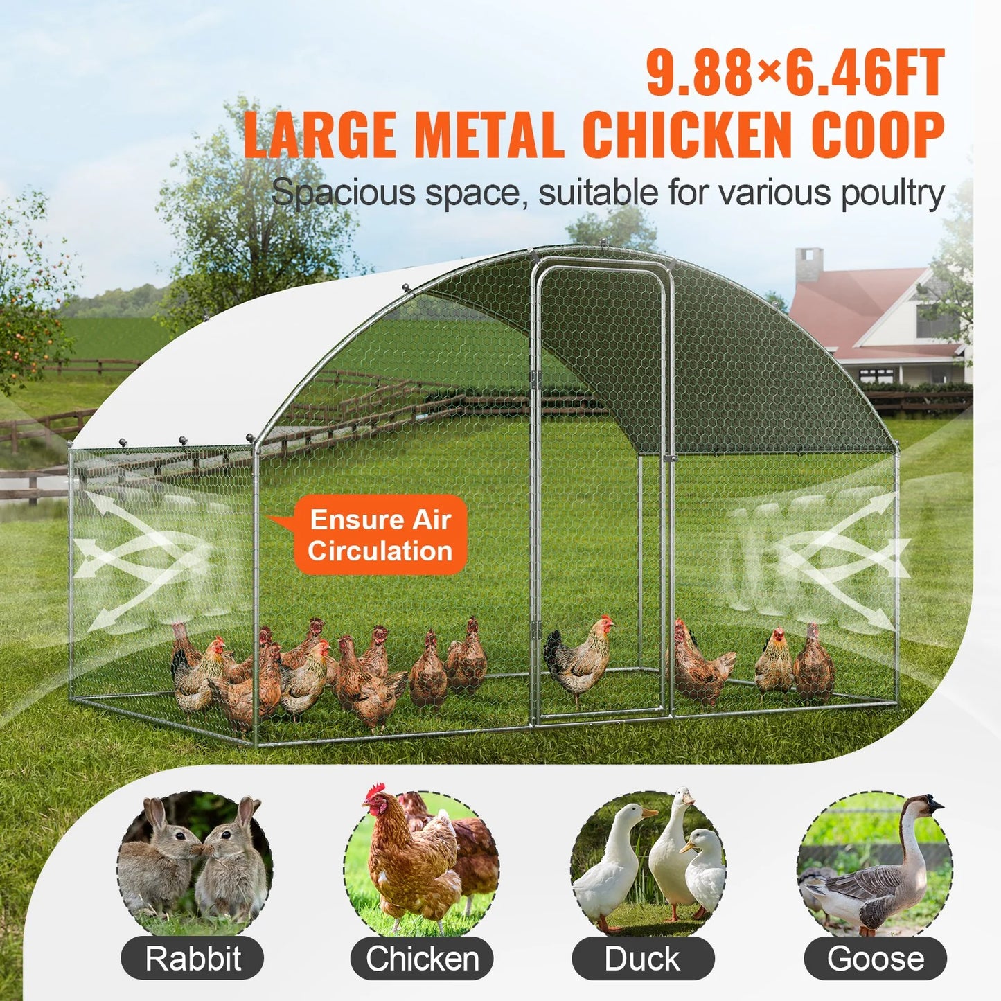 VEVOR Chicken Coop, 9.8X6.5X6.5Ft Walk-In Large Metal Chicken Run for Yard with Waterproof Cover, Doom Roof Hen House with Security Lock for Outdoor and Backyard, Farm, Duck Rabbit Cage Poultry Pen