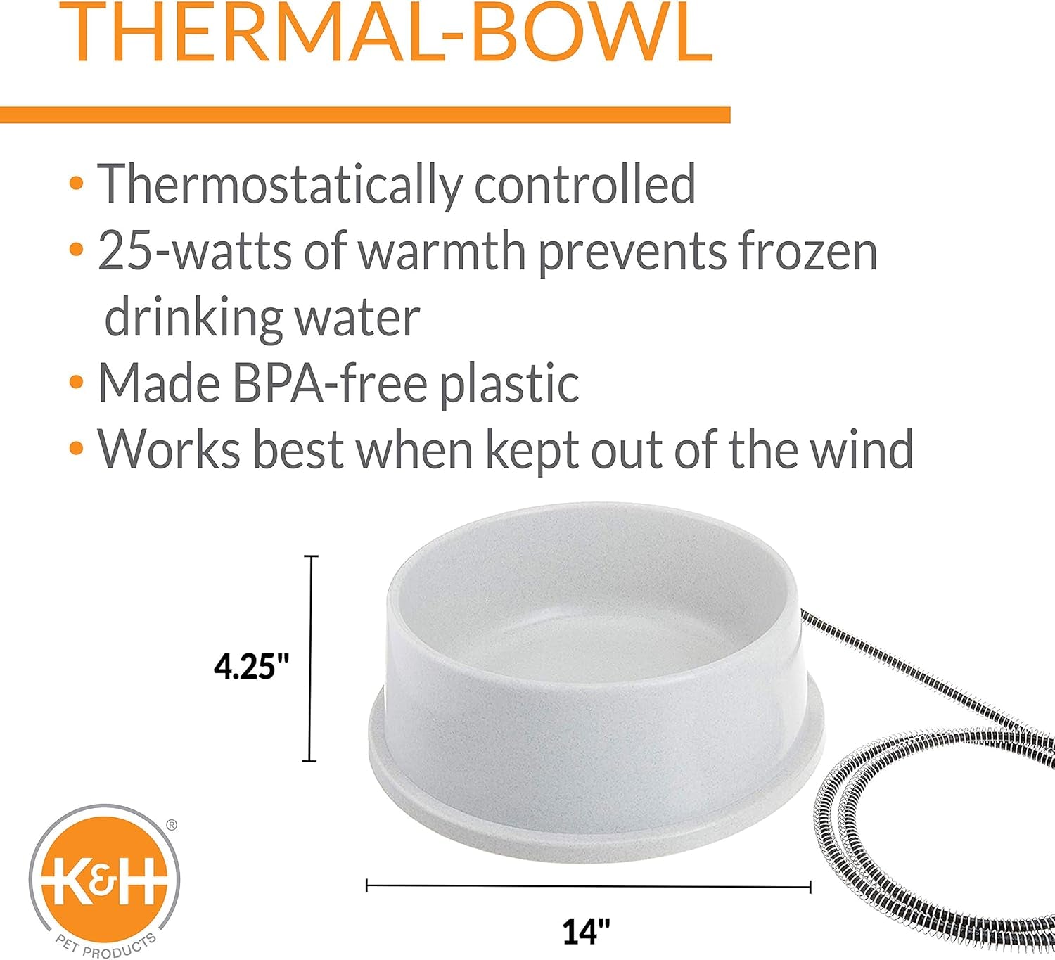 Thermal-Bowl Heated Water Bowl for Cats & Dogs Outside, Safety Listed Outdoor Heated Dog Bowl for Pets, Automatic No Freeze, anti Chewy Cord - 1.5 Gallons Granite 25W