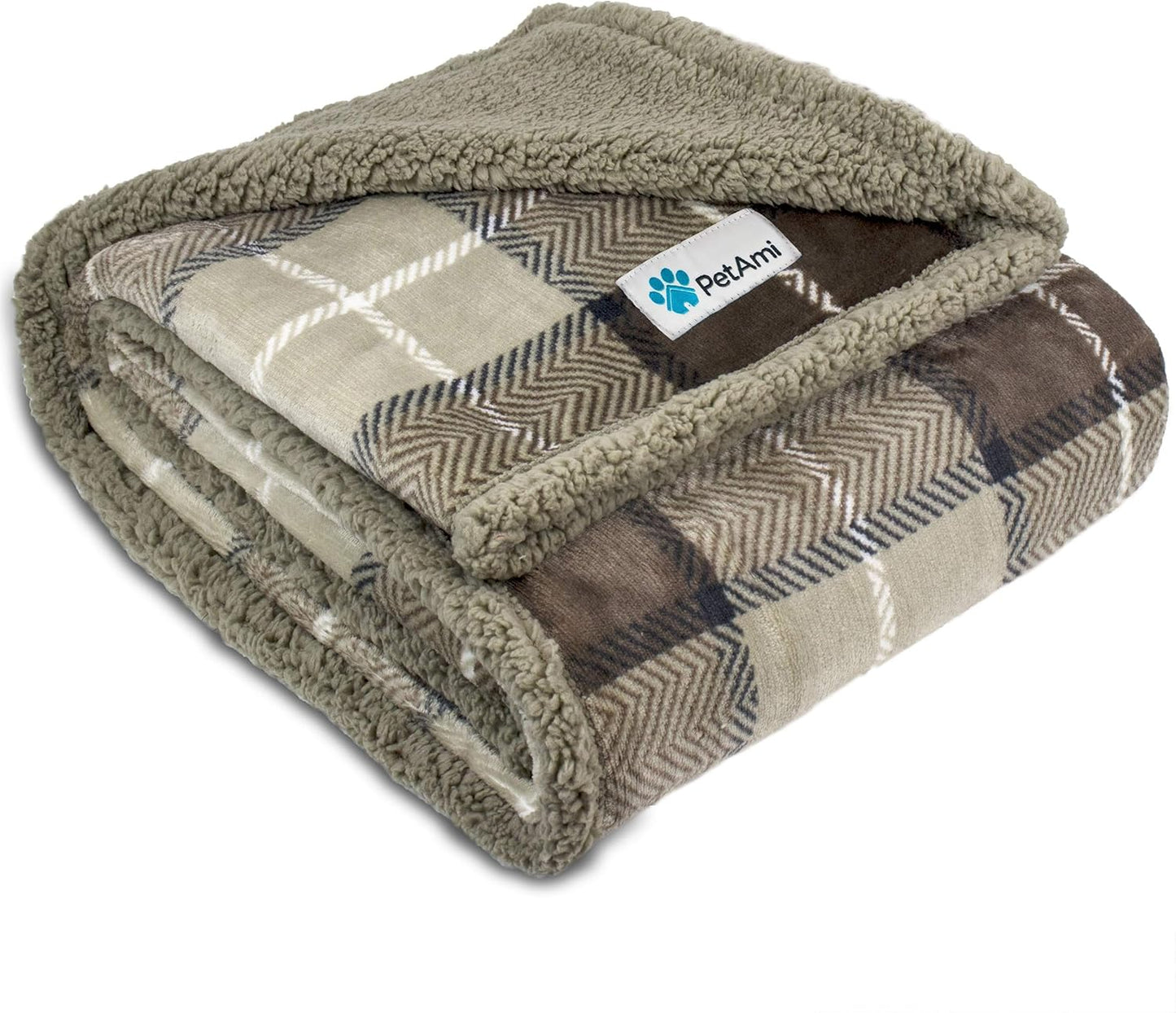 WATERPROOF Dog Blanket for Bed, XL Dog Pet Blanket Couch Cover Protection, Sherpa Fleece Leakproof Bed Blanket for Crate Kennel Sofa Furniture Protector, Reversible Soft Plush 80X60 Plaid Taupe
