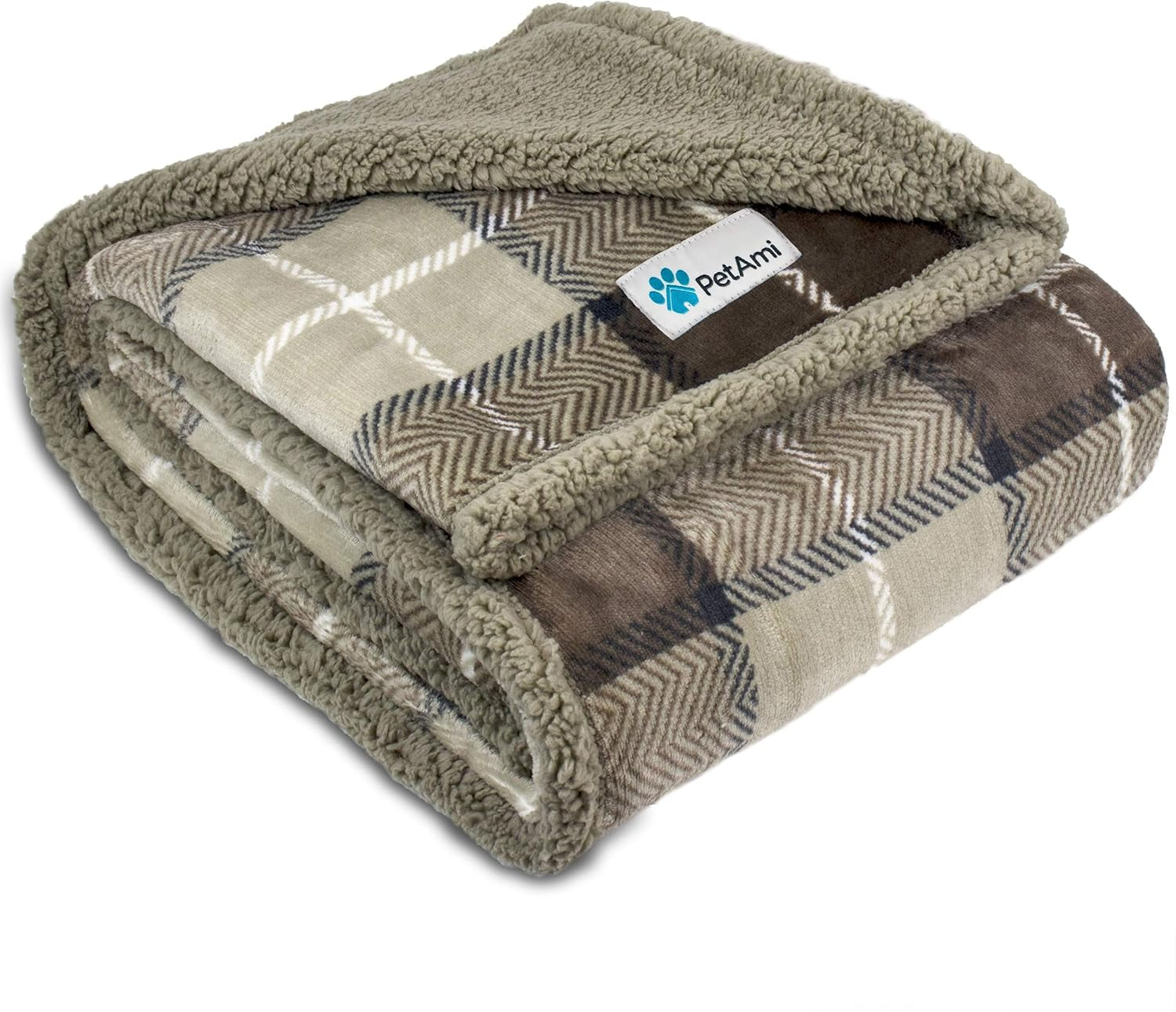 WATERPROOF Dog Blanket for Bed, XL Dog Pet Blanket Couch Cover Protection, Sherpa Fleece Leakproof Bed Blanket for Crate Kennel Sofa Furniture Protector, Reversible Soft Plush 80X60 Plaid Taupe